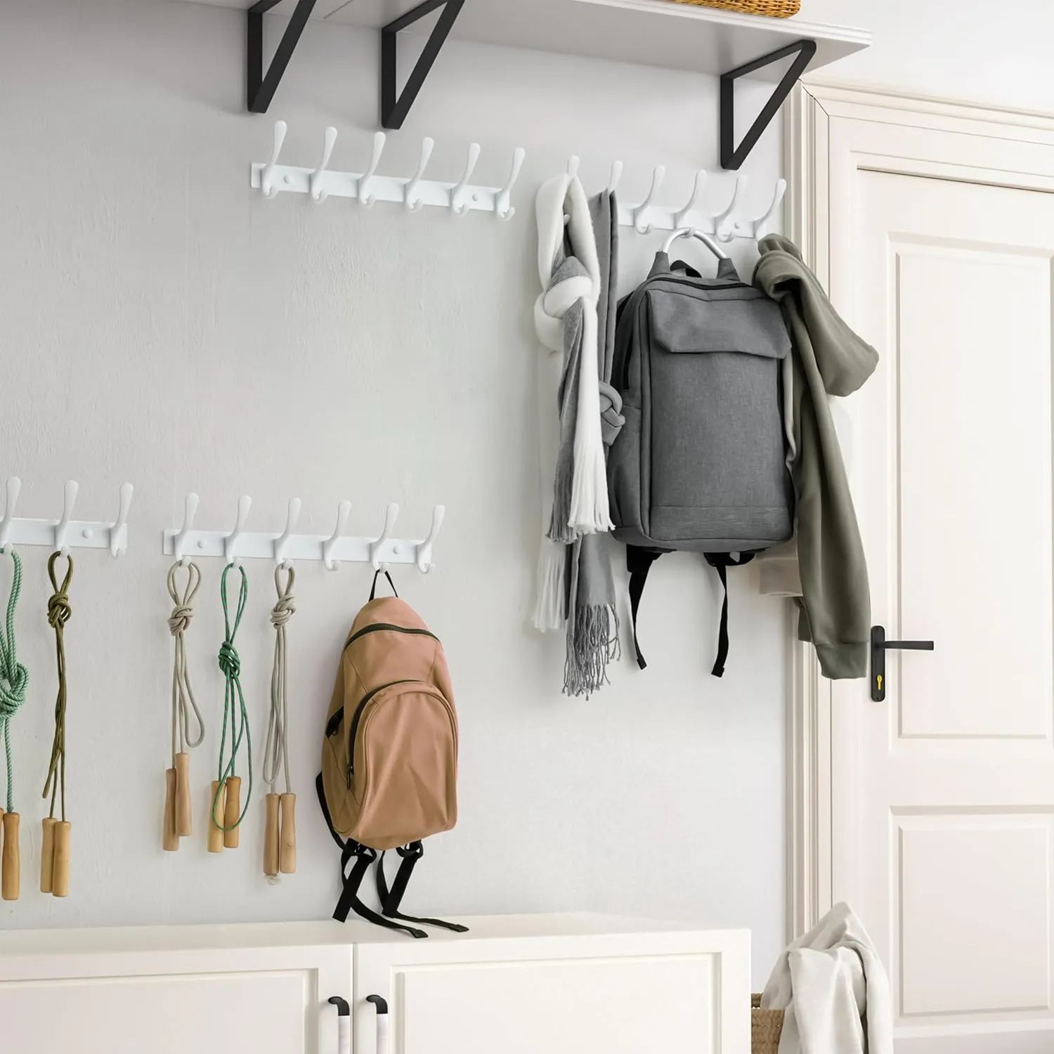 SKOLOO Heavy Duty Wall Mounted Coat Rack - 6 Hooks, Stainless Steel, Pack of 2, Sturdy Coat Hooks for Hanging Clothes, Jacket, Hat, White