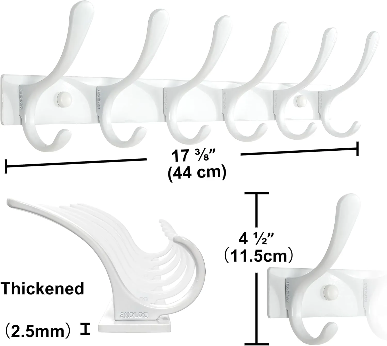 SKOLOO Heavy Duty Wall Mounted Coat Rack - 6 Hooks, Stainless Steel, Pack of 2, Sturdy Coat Hooks for Hanging Clothes, Jacket, Hat, White