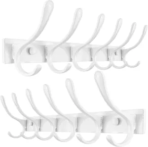 SKOLOO Heavy Duty Wall Mounted Coat Rack - 6 Hooks, Stainless Steel, Pack of 2, Sturdy Coat Hooks for Hanging Clothes, Jacket, Hat, White