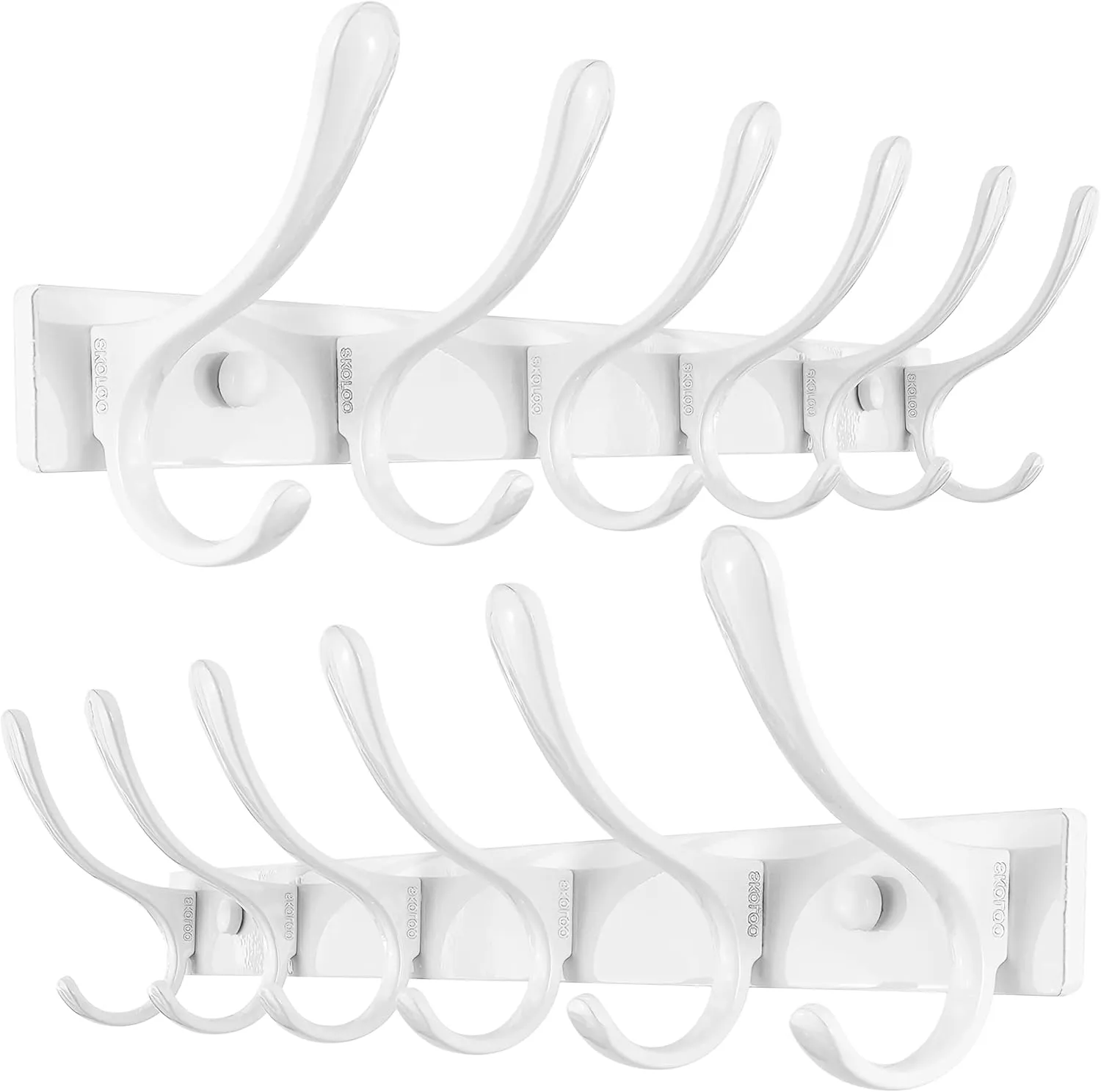 SKOLOO Heavy Duty Wall Mounted Coat Rack - 6 Hooks, Stainless Steel, Pack of 2, Sturdy Coat Hooks for Hanging Clothes, Jacket, Hat, White