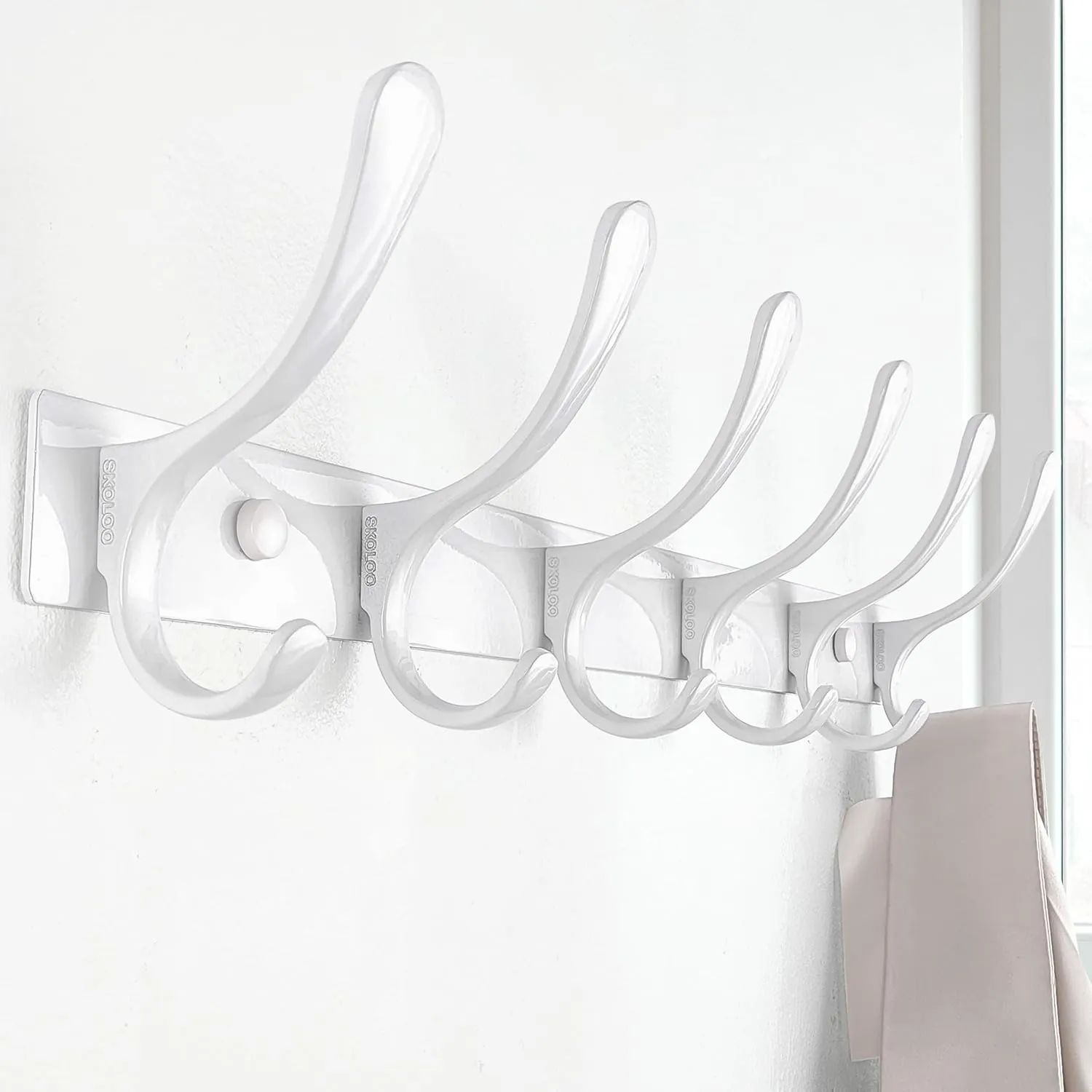 SKOLOO Heavy Duty Wall Mounted Coat Rack - 6 Hooks, Stainless Steel, Pack of 2, Sturdy Coat Hooks for Hanging Clothes, Jacket, Hat, White
