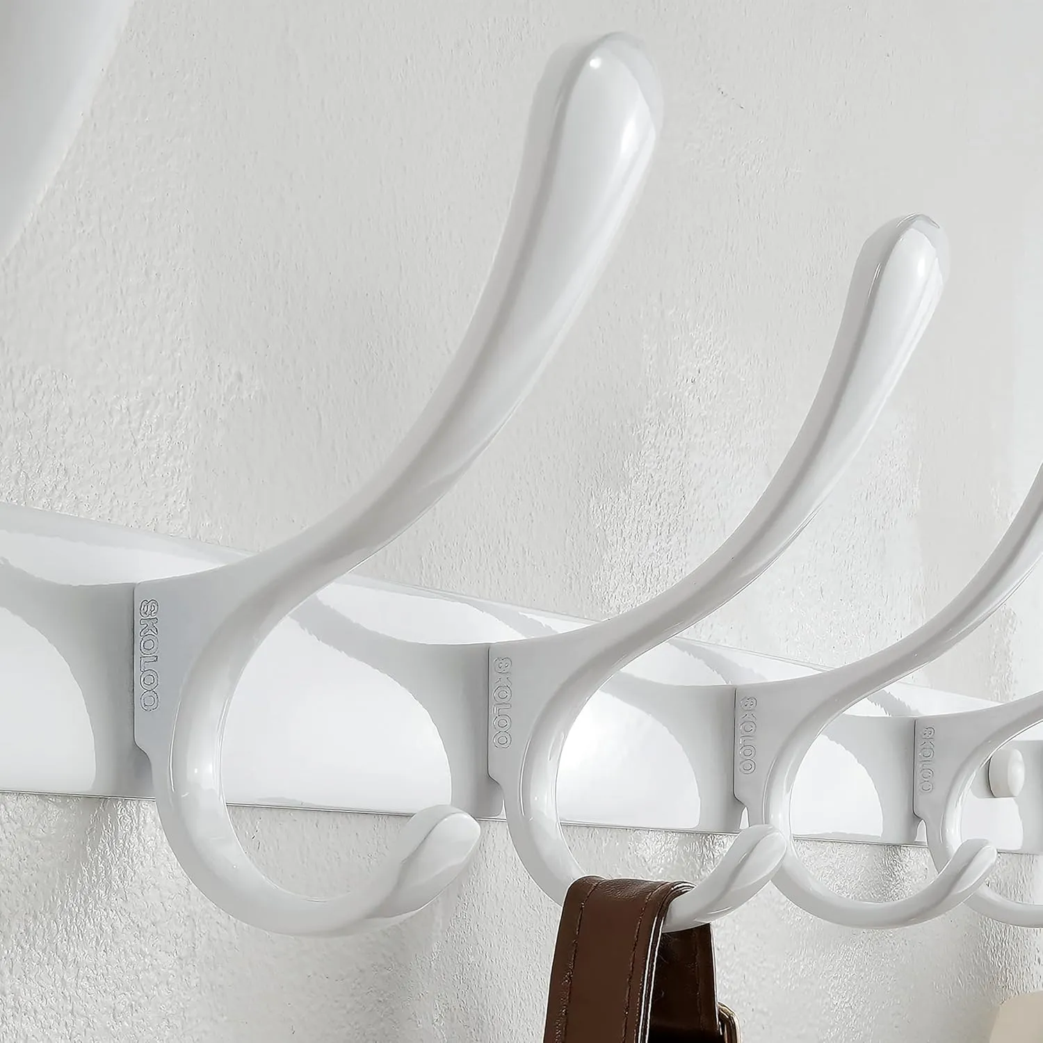SKOLOO Heavy Duty Wall Mounted Coat Rack - 6 Hooks, Stainless Steel, Pack of 2, Sturdy Coat Hooks for Hanging Clothes, Jacket, Hat, White