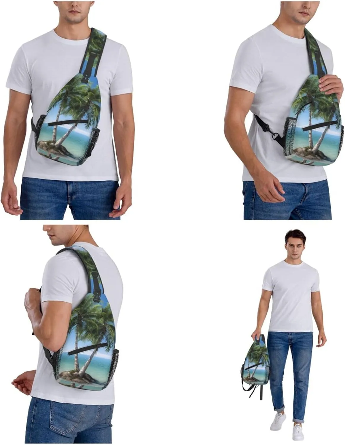 Sling Bag Crossbody Sling Backpack for Men Women Sea Palm Trees Cross Chest Bag Travel Hiking Daypack