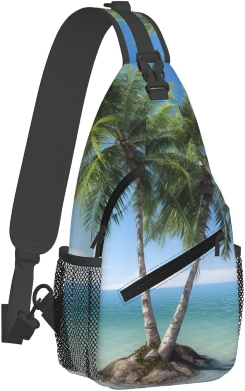 Sling Bag Crossbody Sling Backpack for Men Women Sea Palm Trees Cross Chest Bag Travel Hiking Daypack