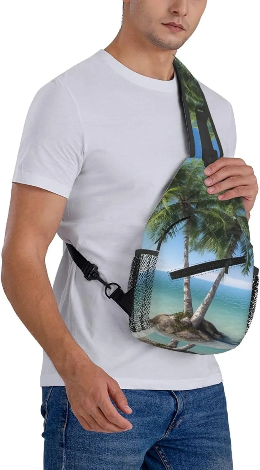 Sling Bag Crossbody Sling Backpack for Men Women Sea Palm Trees Cross Chest Bag Travel Hiking Daypack