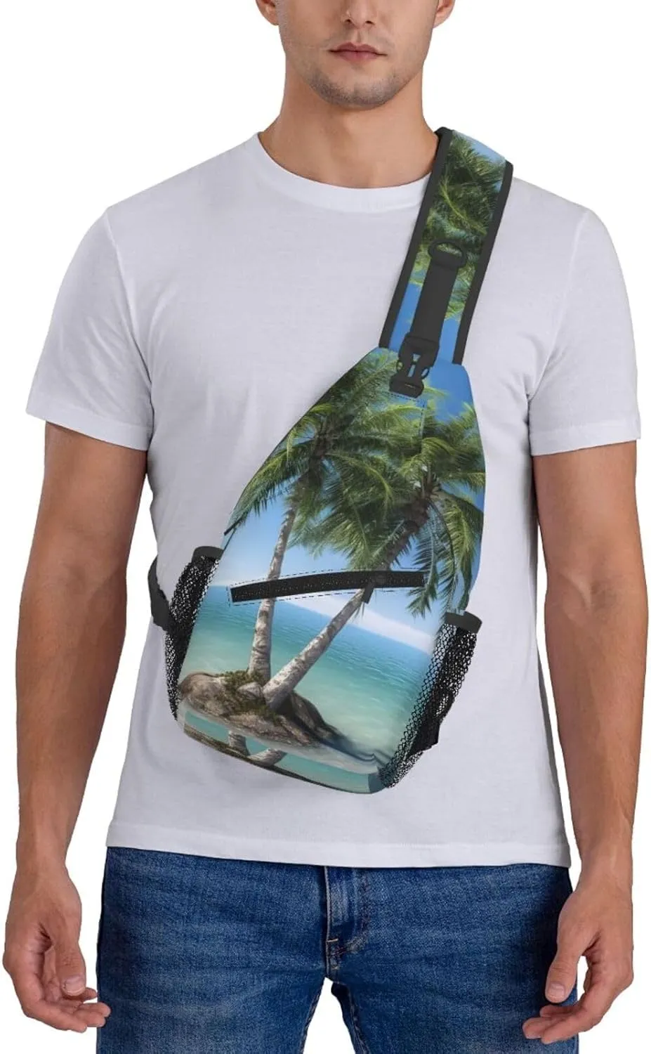 Sling Bag Crossbody Sling Backpack for Men Women Sea Palm Trees Cross Chest Bag Travel Hiking Daypack