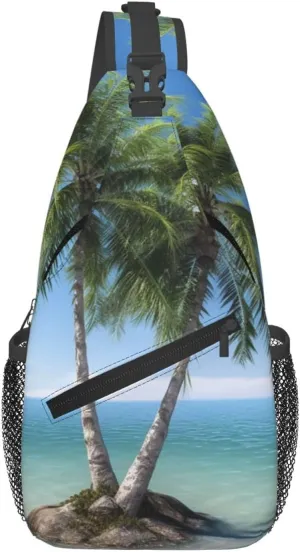 Sling Bag Crossbody Sling Backpack for Men Women Sea Palm Trees Cross Chest Bag Travel Hiking Daypack