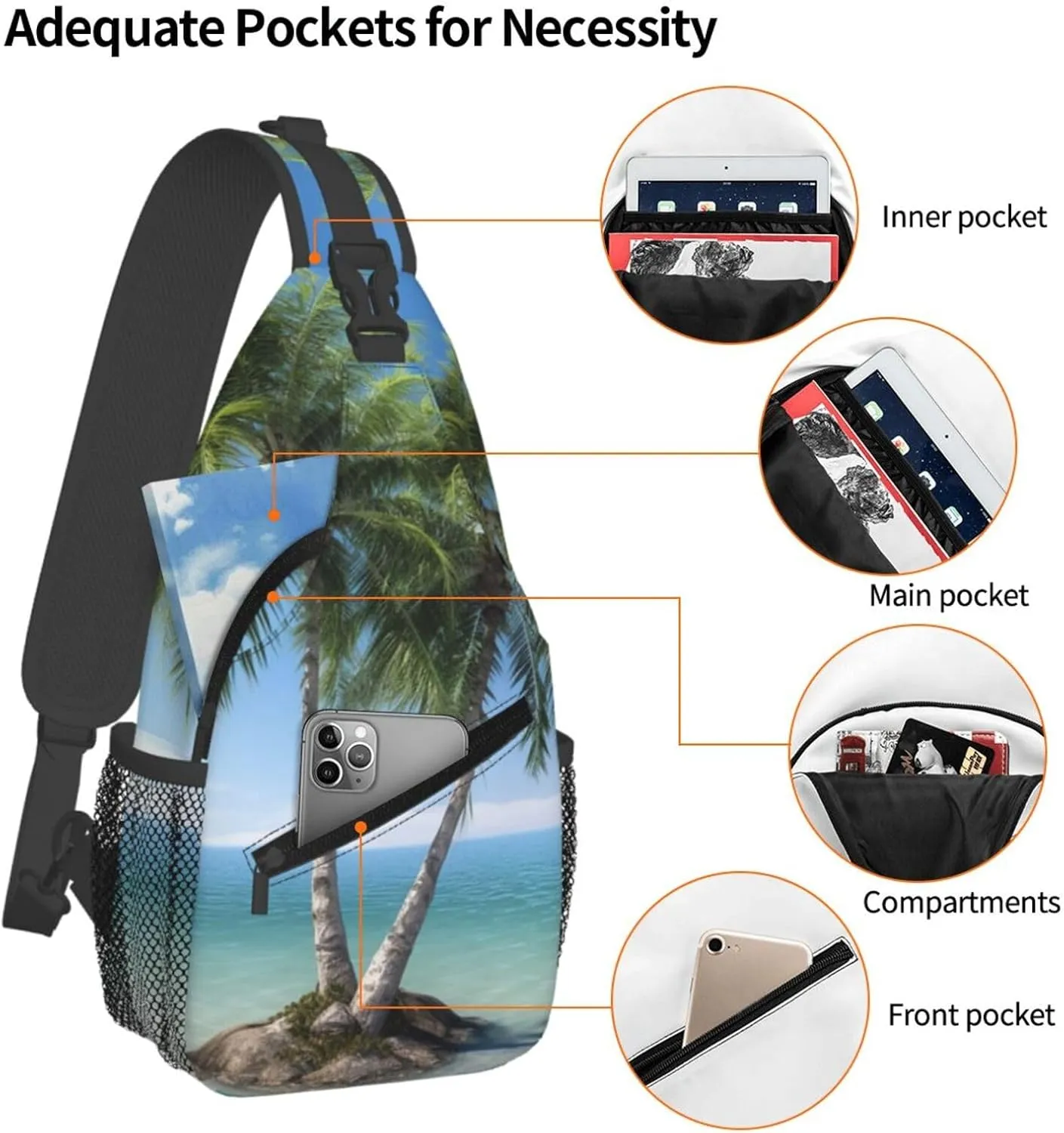 Sling Bag Crossbody Sling Backpack for Men Women Sea Palm Trees Cross Chest Bag Travel Hiking Daypack