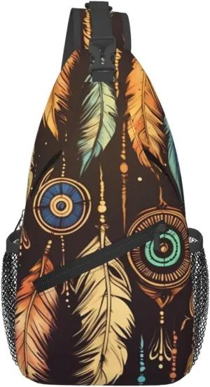 Sling Bag Crossbody Sling Backpack for Men Women Vintage Ethnic Tribal Feather Cross Chest Bag Travel Hiking Daypack