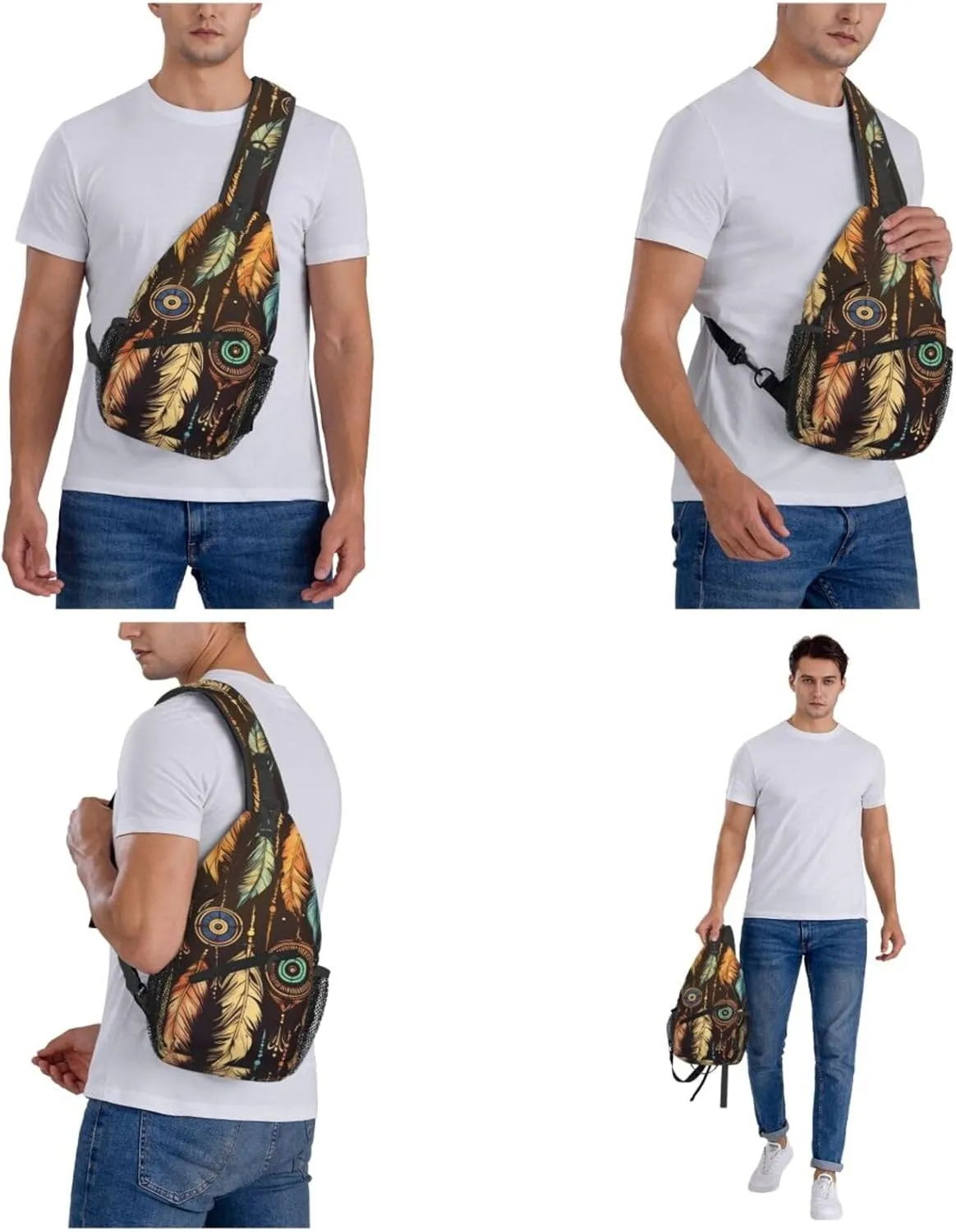 Sling Bag Crossbody Sling Backpack for Men Women Vintage Ethnic Tribal Feather Cross Chest Bag Travel Hiking Daypack