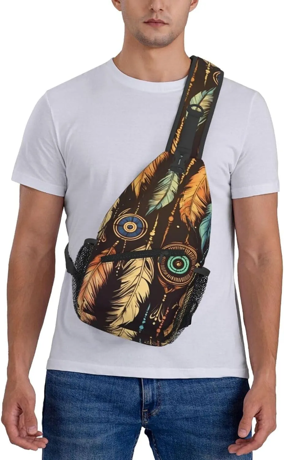 Sling Bag Crossbody Sling Backpack for Men Women Vintage Ethnic Tribal Feather Cross Chest Bag Travel Hiking Daypack