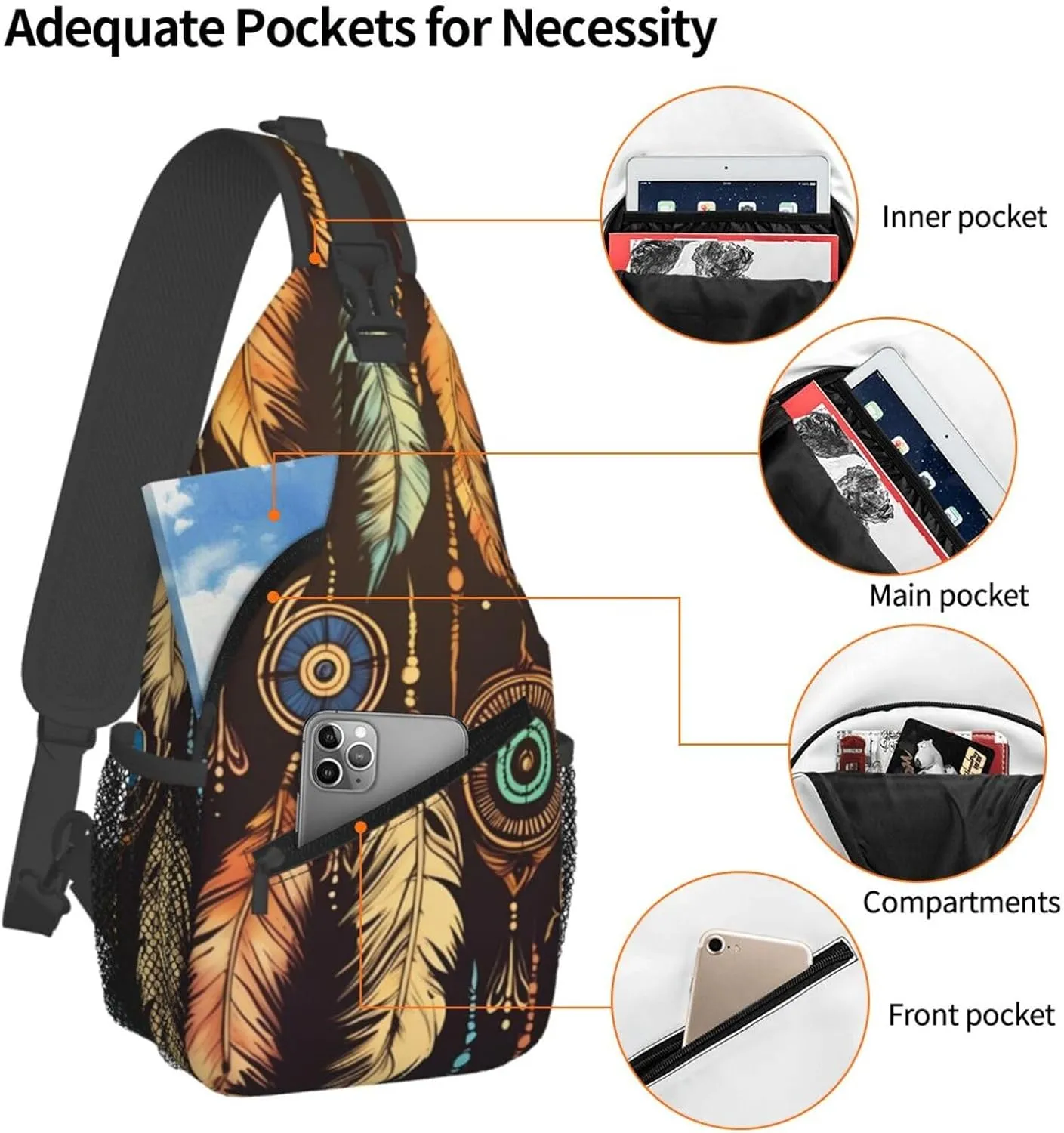 Sling Bag Crossbody Sling Backpack for Men Women Vintage Ethnic Tribal Feather Cross Chest Bag Travel Hiking Daypack