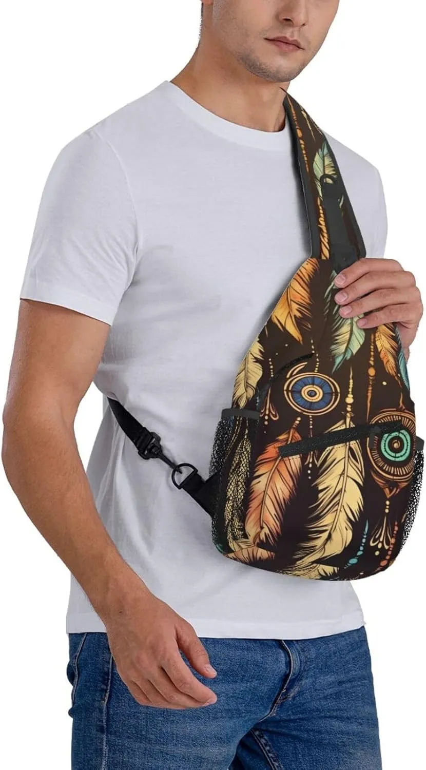 Sling Bag Crossbody Sling Backpack for Men Women Vintage Ethnic Tribal Feather Cross Chest Bag Travel Hiking Daypack