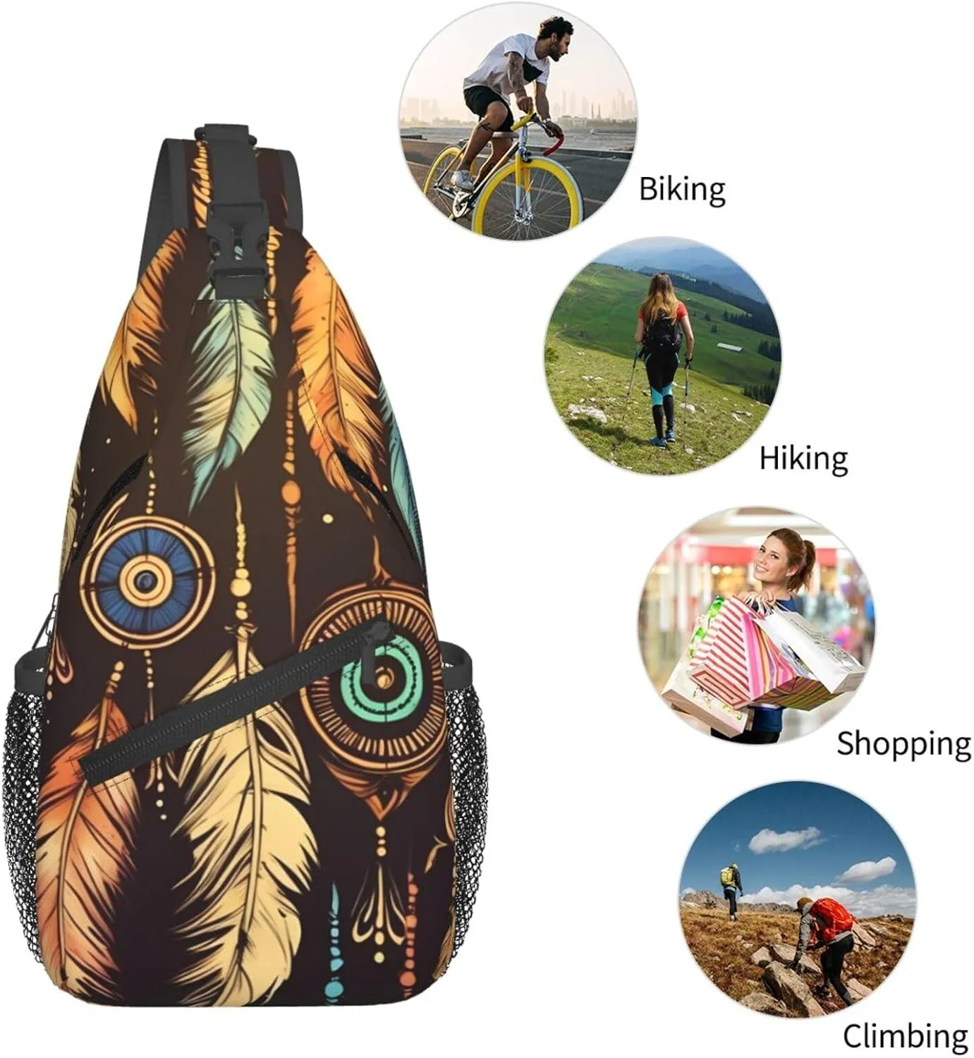 Sling Bag Crossbody Sling Backpack for Men Women Vintage Ethnic Tribal Feather Cross Chest Bag Travel Hiking Daypack