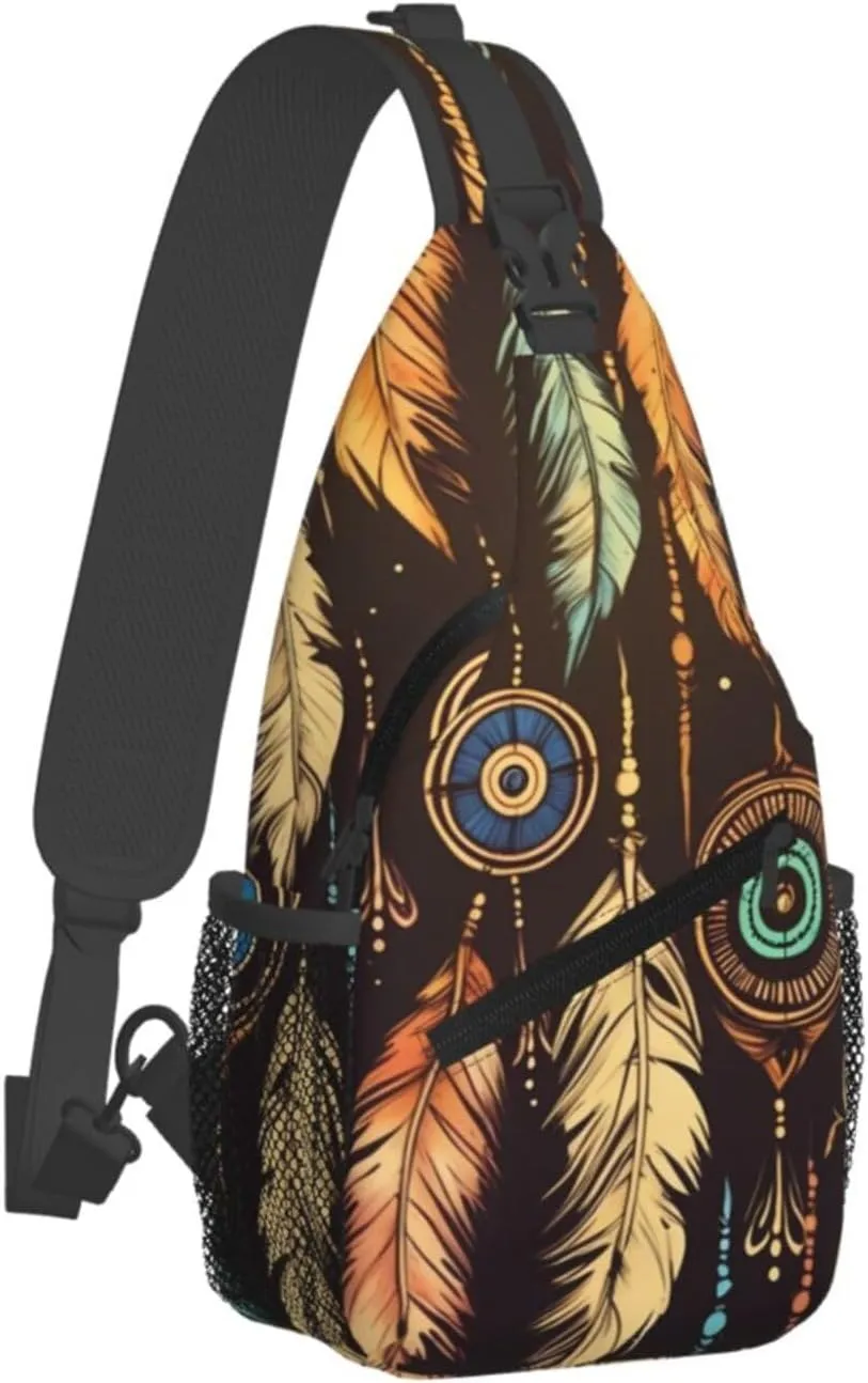 Sling Bag Crossbody Sling Backpack for Men Women Vintage Ethnic Tribal Feather Cross Chest Bag Travel Hiking Daypack