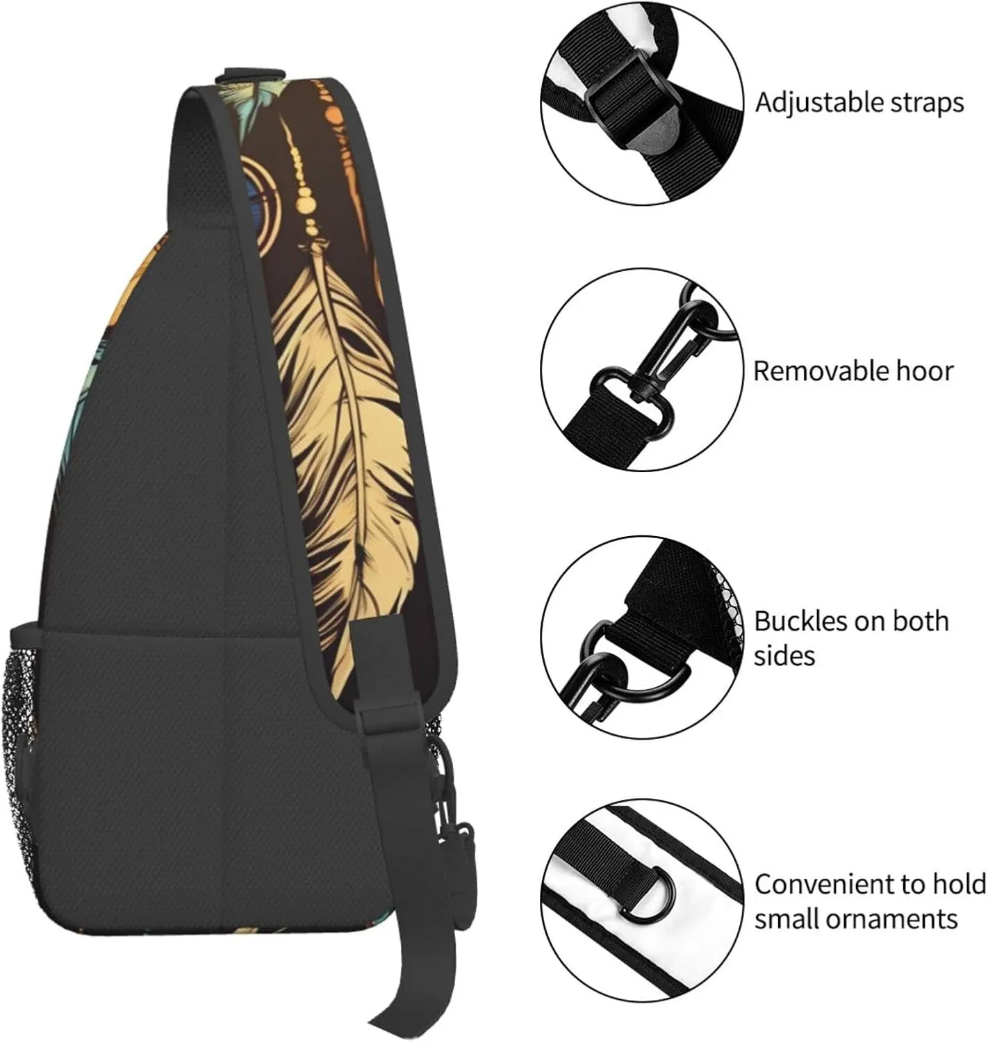 Sling Bag Crossbody Sling Backpack for Men Women Vintage Ethnic Tribal Feather Cross Chest Bag Travel Hiking Daypack