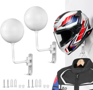 SNAGMO White 180° Motorcycle Helmet Rack, Rotation Metal Helmet Holder Wall Mount, Helmet Holder Bike with 2 Hooks Helmet Hanger for Motorcycle Bike Coats, Caps, Baseballs, Rugby Helmet (2 pcs)