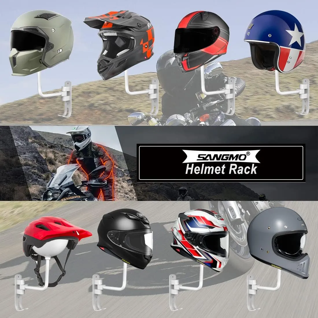 SNAGMO White 180° Motorcycle Helmet Rack, Rotation Metal Helmet Holder Wall Mount, Helmet Holder Bike with 2 Hooks Helmet Hanger for Motorcycle Bike Coats, Caps, Baseballs, Rugby Helmet (2 pcs)