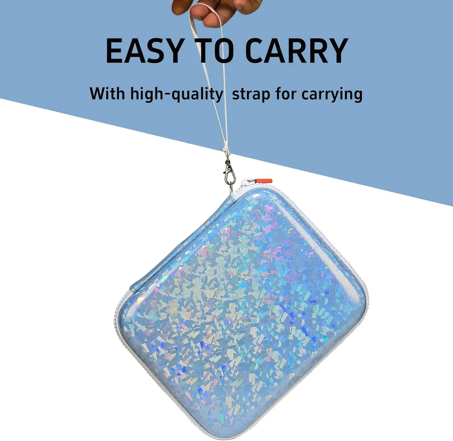 Sparkly Card Holder for YOTO Player Cards - 120 Pockets Portable Binder with Zipper, Carry Strap & Sleeves for Yoto Player/Mini Audiobook Cards, Travel-Friendly Hard Storage Organizer(Blue)