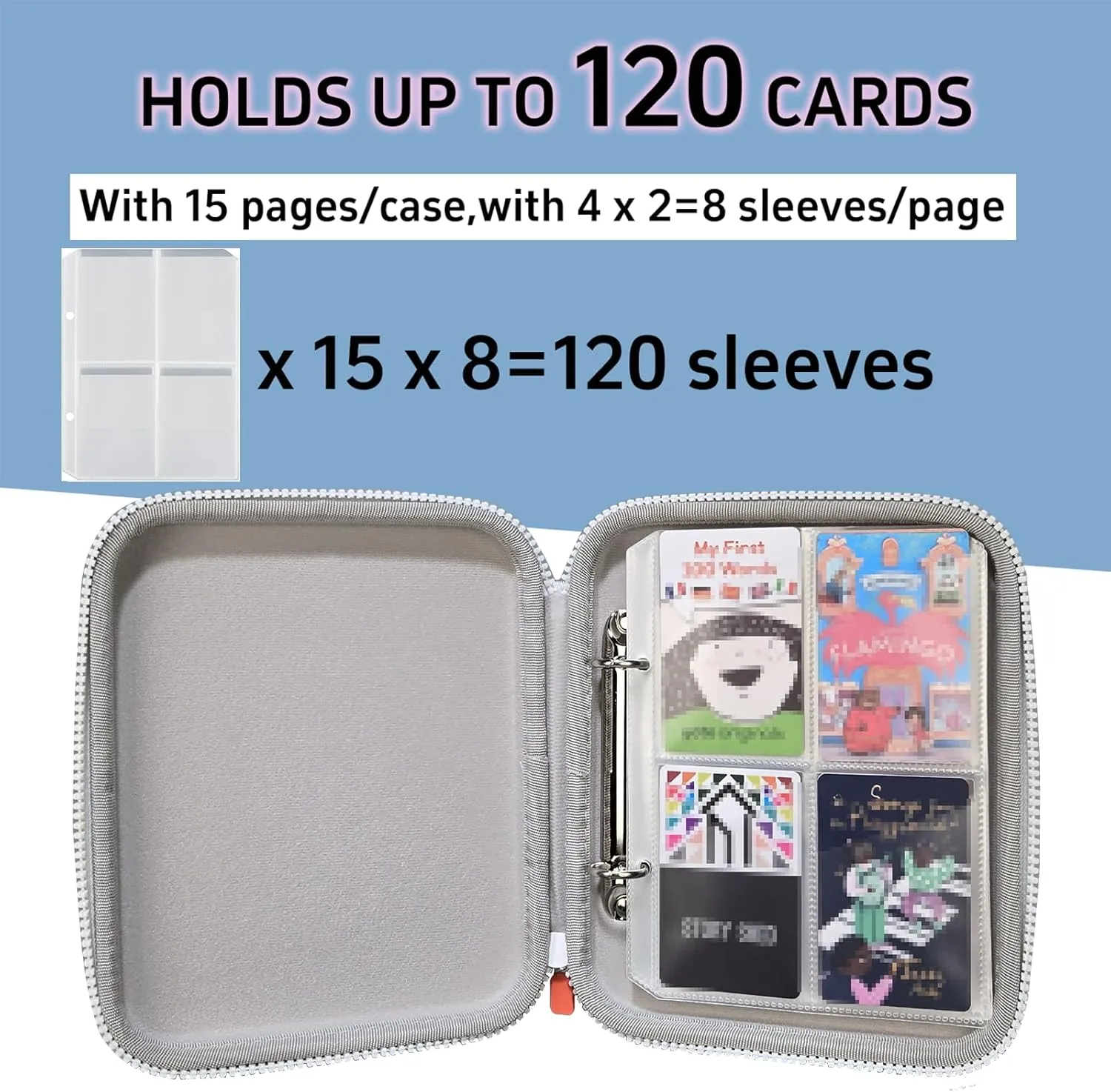 Sparkly Card Holder for YOTO Player Cards - 120 Pockets Portable Binder with Zipper, Carry Strap & Sleeves for Yoto Player/Mini Audiobook Cards, Travel-Friendly Hard Storage Organizer(Blue)