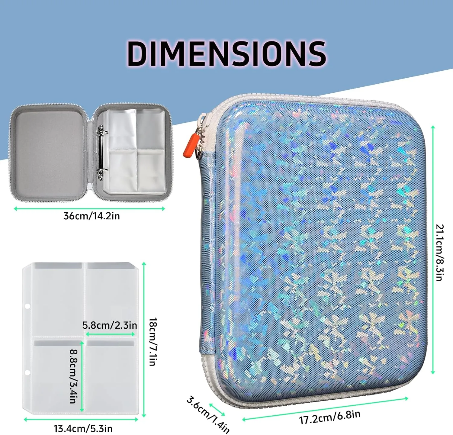 Sparkly Card Holder for YOTO Player Cards - 120 Pockets Portable Binder with Zipper, Carry Strap & Sleeves for Yoto Player/Mini Audiobook Cards, Travel-Friendly Hard Storage Organizer(Blue)