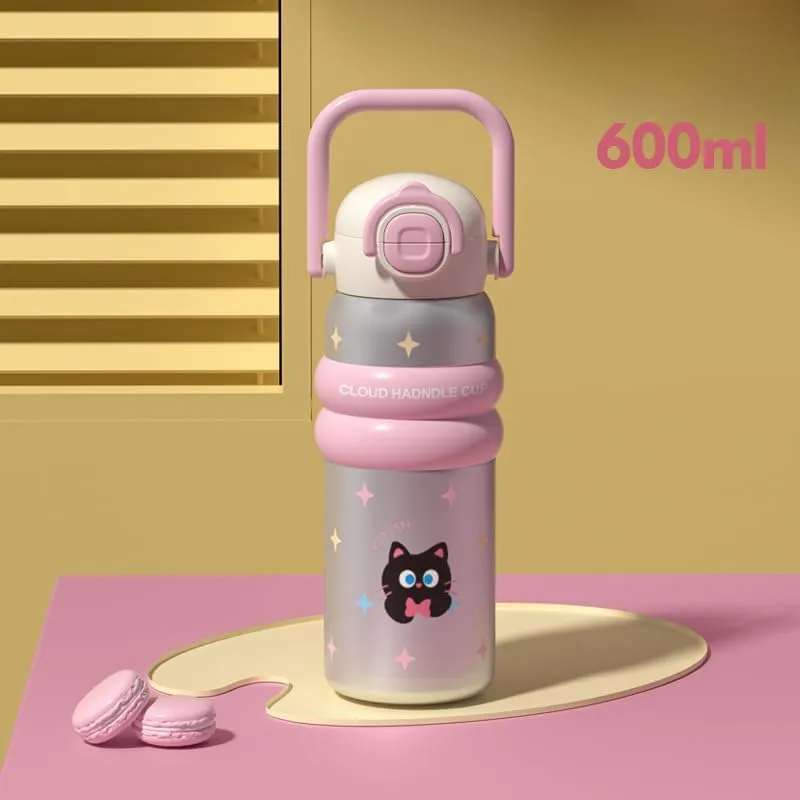 Stainless Steel Insulated Water Bottle: Large Capacity, Straw Cup for Girls, Cute Cartoon Design, Leak-Proof, Perfect for Students and Sports