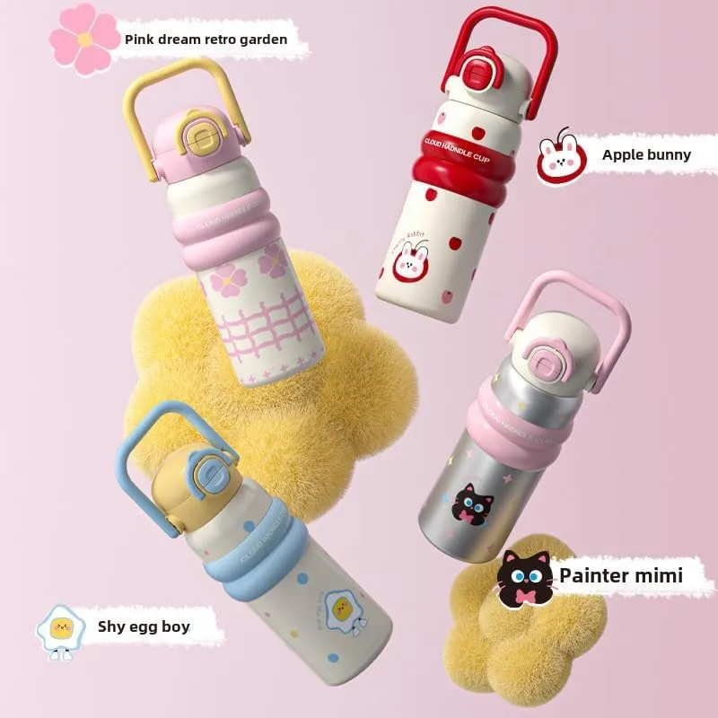 Stainless Steel Insulated Water Bottle: Large Capacity, Straw Cup for Girls, Cute Cartoon Design, Leak-Proof, Perfect for Students and Sports