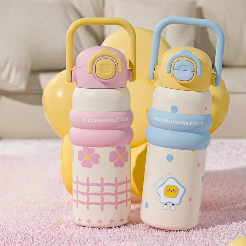 Stainless Steel Insulated Water Bottle: Large Capacity, Straw Cup for Girls, Cute Cartoon Design, Leak-Proof, Perfect for Students and Sports