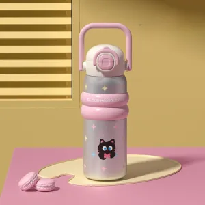 Stainless Steel Insulated Water Bottle: Large Capacity, Straw Cup for Girls, Cute Cartoon Design, Leak-Proof, Perfect for Students and Sports