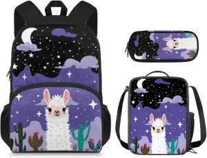 Starry Night Alpaca Girls Bookbag with Lunch Box Kids Backpack with Lunch Case Pencil Pouch Set of 3 Cute Girls School Backpack Wear Resistant Easy to Clean Shoulder Bag Practical Gifts
