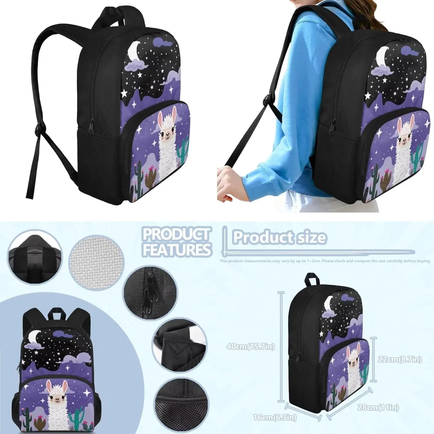 Starry Night Alpaca Girls Bookbag with Lunch Box Kids Backpack with Lunch Case Pencil Pouch Set of 3 Cute Girls School Backpack Wear Resistant Easy to Clean Shoulder Bag Practical Gifts