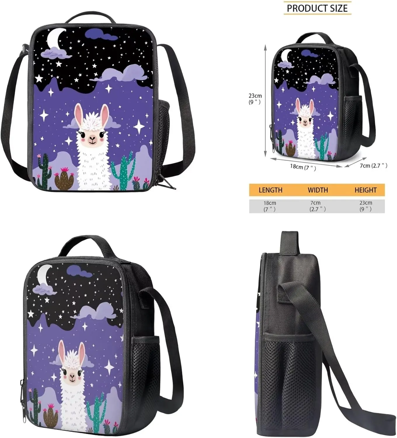 Starry Night Alpaca Girls Bookbag with Lunch Box Kids Backpack with Lunch Case Pencil Pouch Set of 3 Cute Girls School Backpack Wear Resistant Easy to Clean Shoulder Bag Practical Gifts