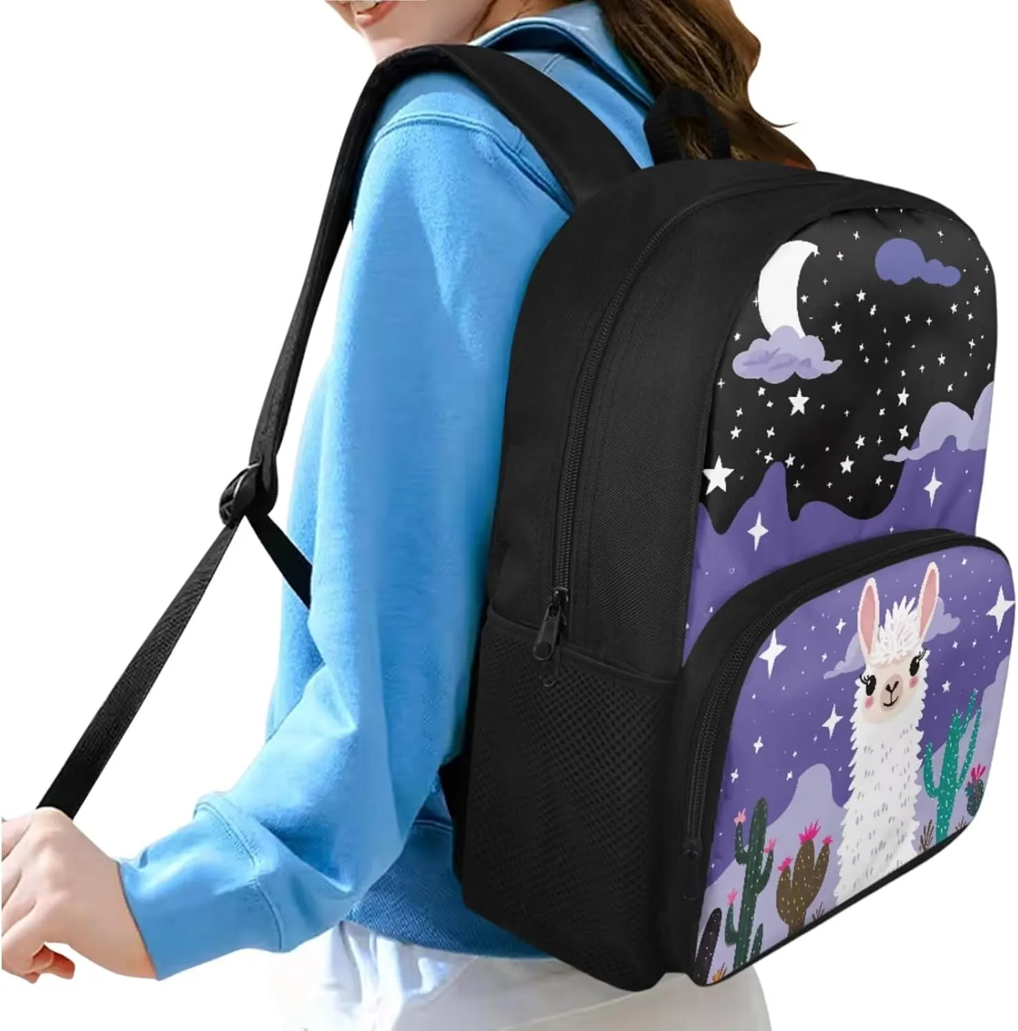 Starry Night Alpaca Girls Bookbag with Lunch Box Kids Backpack with Lunch Case Pencil Pouch Set of 3 Cute Girls School Backpack Wear Resistant Easy to Clean Shoulder Bag Practical Gifts