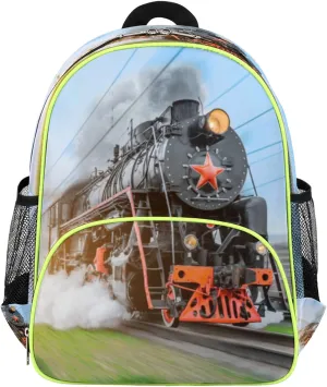 Steam Train Kids Backpack for Boys Girls, Vintage Locomotive Toddler Backpack School Bag Water Resistant Bookbag Travel Children Bag, Nursery Junior Primary Student Preschool Backpack With Chest Strap