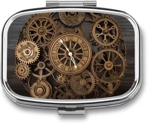 Steampunk Gears Clock Travel Pill Organizer A Daily Pill Box for Supplements 2 Compartment Pill Case Convenient for Carrying and Storing Medicines Box