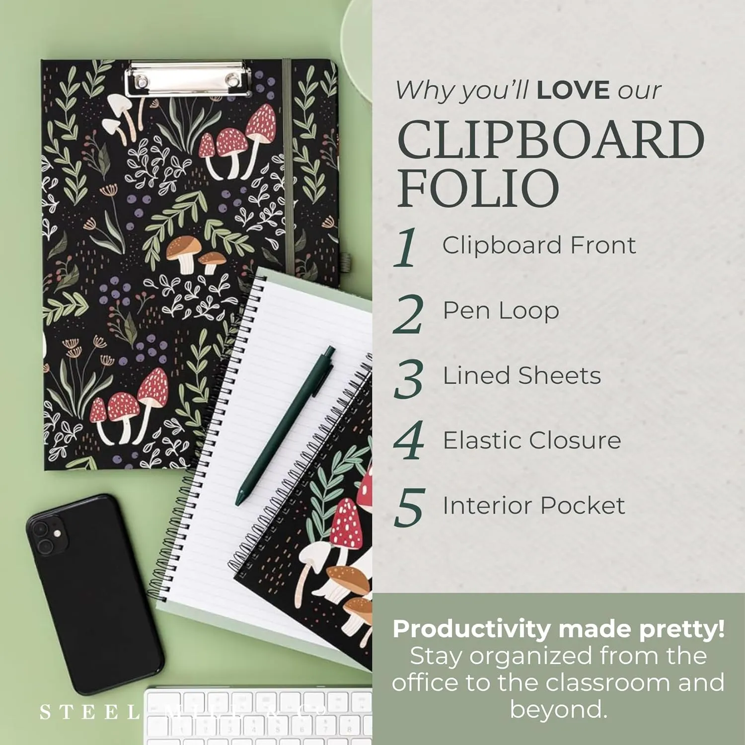 Steel Mill & Co Cute Clipboard Folio with Refillable Lined Notepad and Interior Storage Pocket, Padfolio for Work, Mushroom