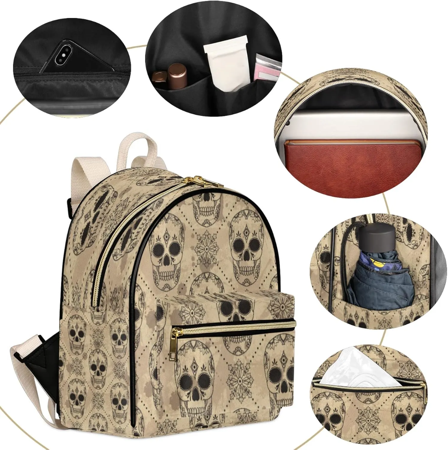 Sugar Skull Mini Backpack Purse for Women, Vintage Skull Leather Small Backpack Casual Travel Daypacks Shoulder Bag for Girls Teen