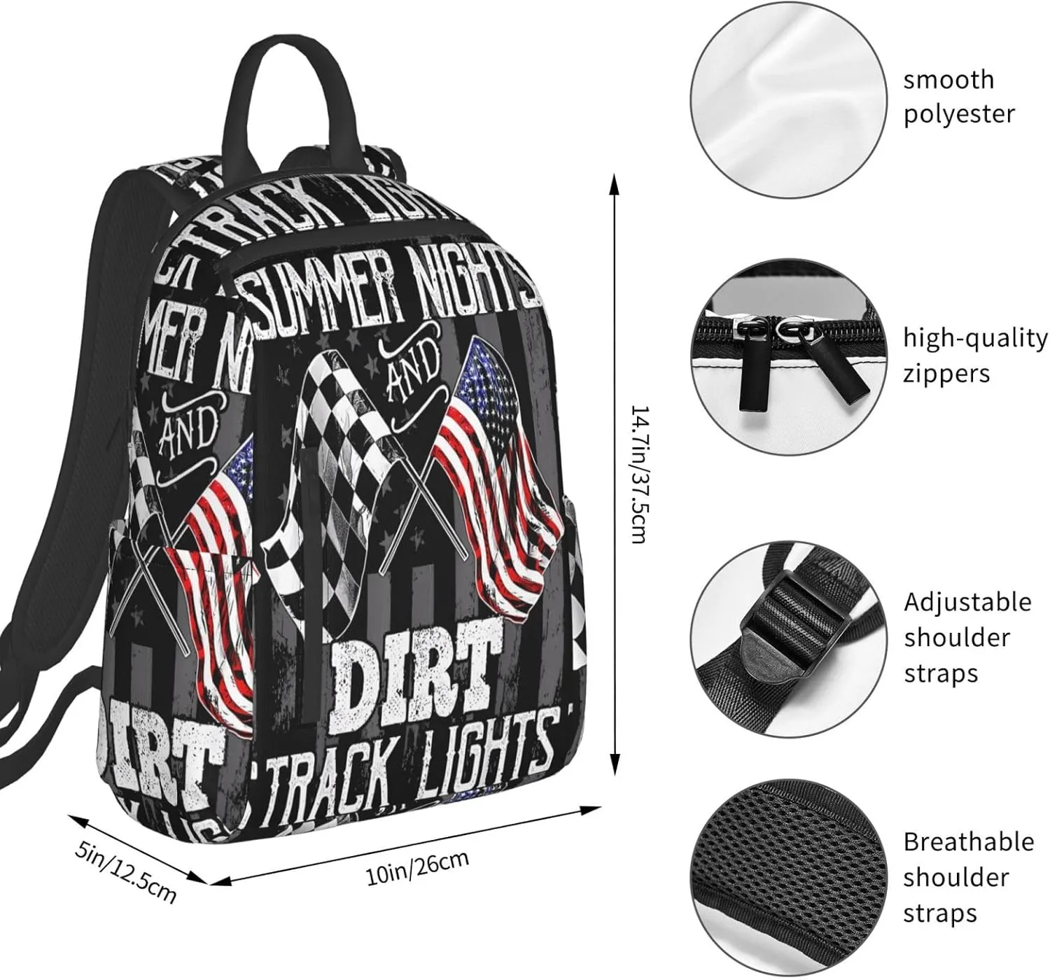 Summer Nights Dirt Track Lights Racing Motocross Casual Backpacks Laptop Backpack Outdoor Travel Rucksack Sport Carry-On Daypack Lightweight Bag with Multi-Pockets