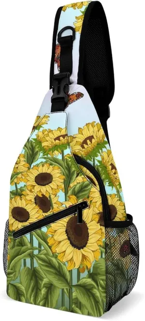 Summer Sunflowers Butterflies Sling Bag Crossbody for Women Men Lightweight Adjustable Extender Strap Vintage Flowering Shrubs Shoulder Backpack with Water Bottle Holder Casual Daypack for Hiking Trav