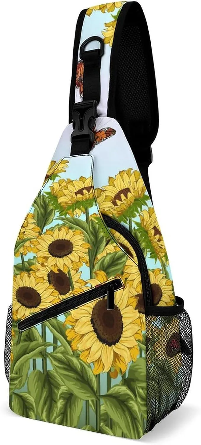 Summer Sunflowers Butterflies Sling Bag Crossbody for Women Men Lightweight Adjustable Extender Strap Vintage Flowering Shrubs Shoulder Backpack with Water Bottle Holder Casual Daypack for Hiking Trav