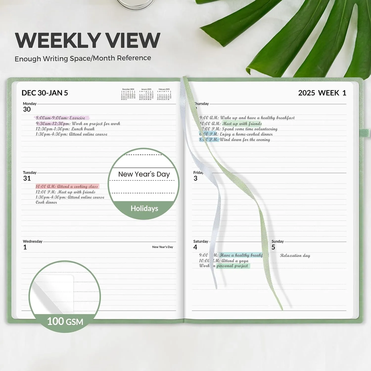 SUNEE 2025 Weekly & Monthly Hardcover Planner 8" x 11" - 12 Month (January 2025 - December 2025), Small Hardcover Planner, Pocket, Notes, 100 GSM Paper, Sage Green