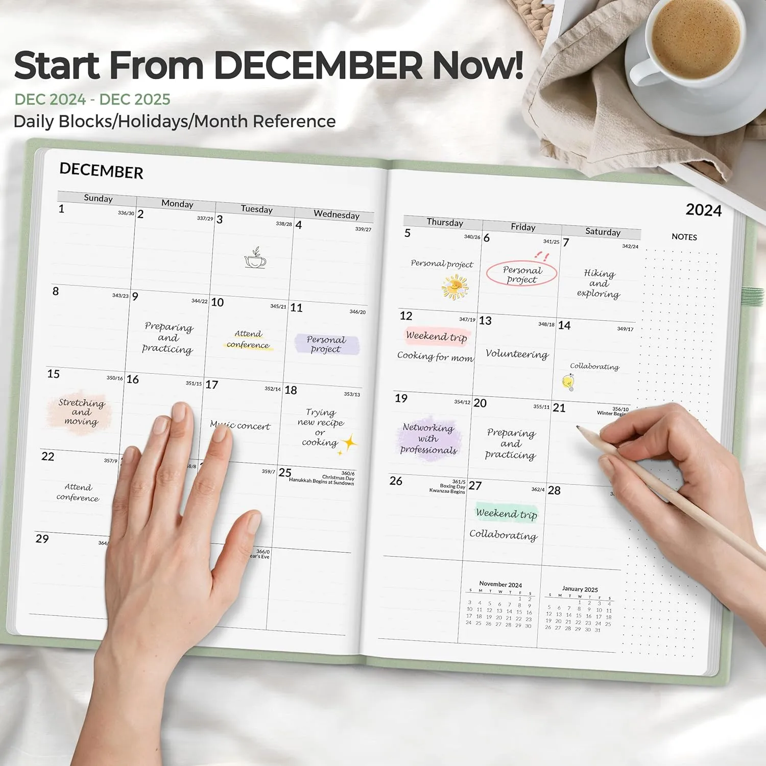 SUNEE 2025 Weekly & Monthly Hardcover Planner 8" x 11" - 12 Month (January 2025 - December 2025), Small Hardcover Planner, Pocket, Notes, 100 GSM Paper, Sage Green