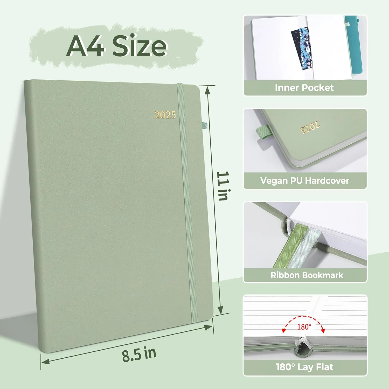 SUNEE 2025 Weekly & Monthly Hardcover Planner 8" x 11" - 12 Month (January 2025 - December 2025), Small Hardcover Planner, Pocket, Notes, 100 GSM Paper, Sage Green