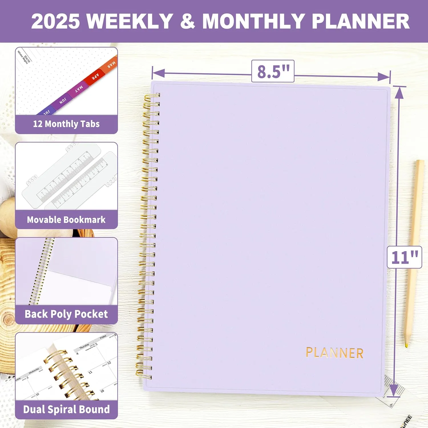SUNEE 2025 Weekly and Monthly Planner - from January 2025 - December 2025, 8.5"x11" Daily Agenda Planner with Monthly Tab, Flexible Cover, Note Pages, Pockets, Bookmark, Spiral Binding, Purple