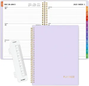 SUNEE 2025 Weekly and Monthly Planner - from January 2025 - December 2025, 8.5"x11" Daily Agenda Planner with Monthly Tab, Flexible Cover, Note Pages, Pockets, Bookmark, Spiral Binding, Purple