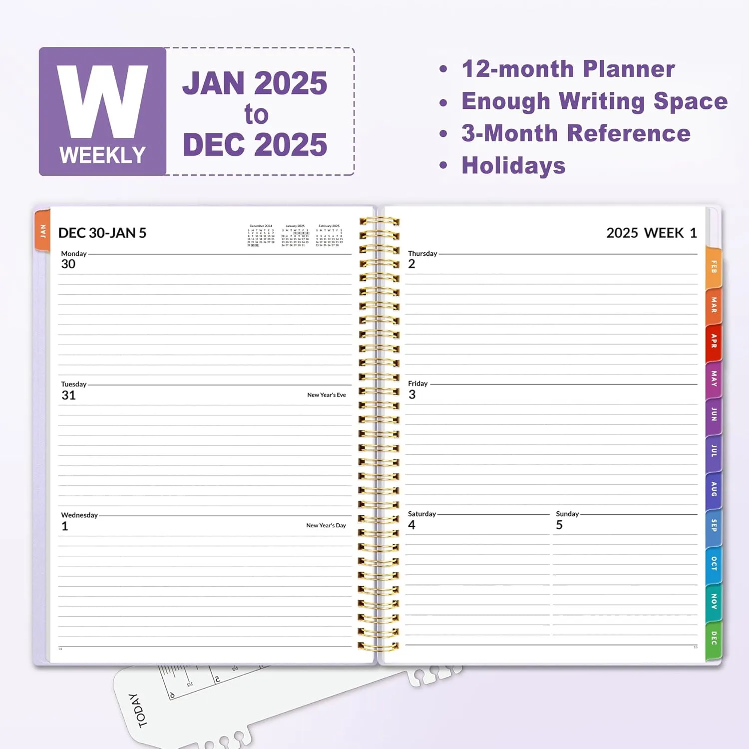 SUNEE 2025 Weekly and Monthly Planner - from January 2025 - December 2025, 8.5"x11" Daily Agenda Planner with Monthly Tab, Flexible Cover, Note Pages, Pockets, Bookmark, Spiral Binding, Purple