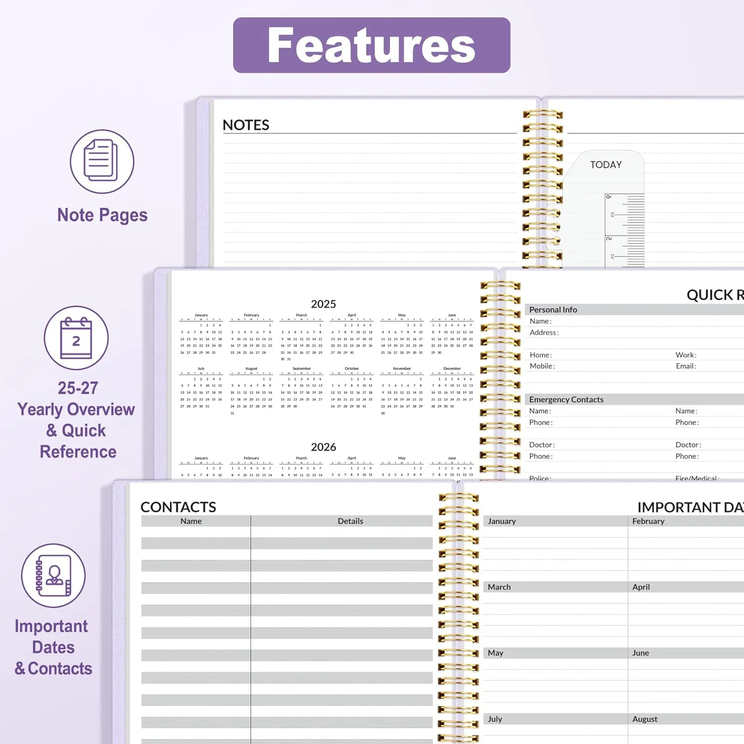SUNEE 2025 Weekly and Monthly Planner - from January 2025 - December 2025, 8.5"x11" Daily Agenda Planner with Monthly Tab, Flexible Cover, Note Pages, Pockets, Bookmark, Spiral Binding, Purple