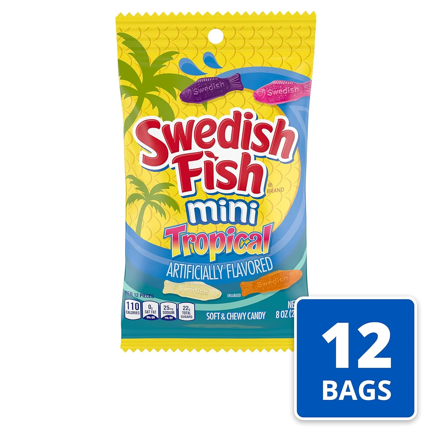 SWEDISH FISH Mini Tropical Soft & Chewy Candy, Bulk Candy, 12 - 8 oz Bags