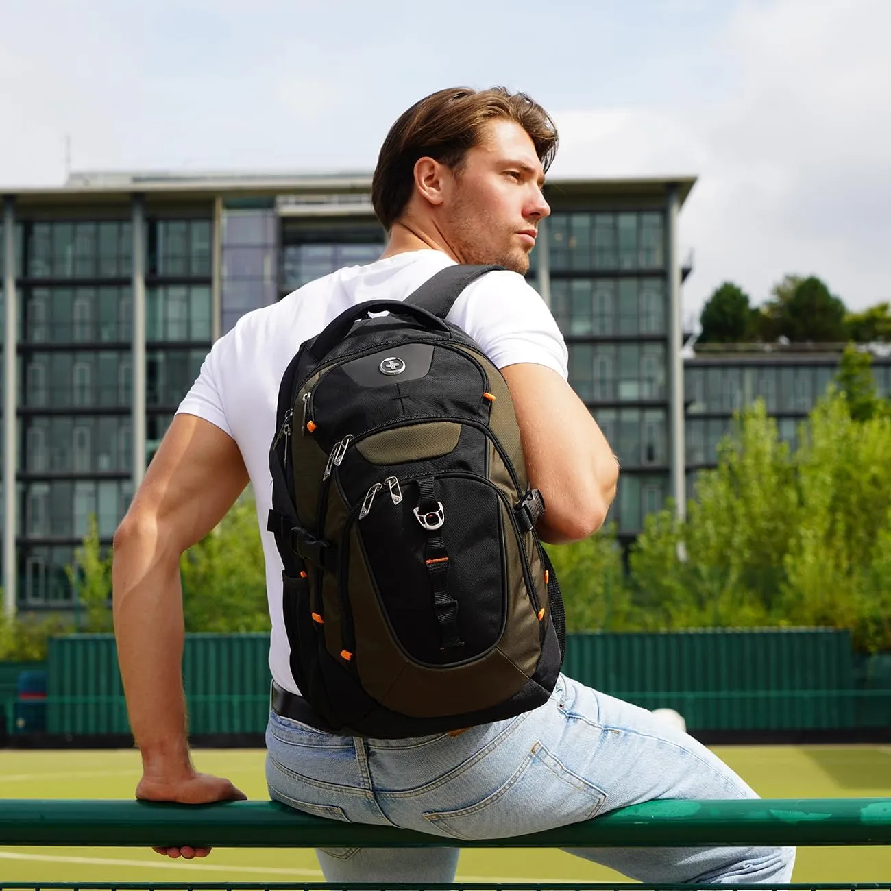 Swissdigital Design Business Laptop Backpack with Smart USB Charging Port, Travel Backpack Fits 15.6 inches Laptops, Water Repellent College Backpack for Men Women, Olive/Black | SD803-26