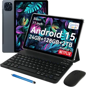 Tablet 11 Inch Android 15 Tablets T90, 1920 * 1200 FHD Display, 24GB RAM 128GB ROM /2TB TF, T615 Octa-Core 13MP Camera, 8000mAh, Widevine L1, 2 in 1 Tablet with Keyboard Mouse Stylus, Gray